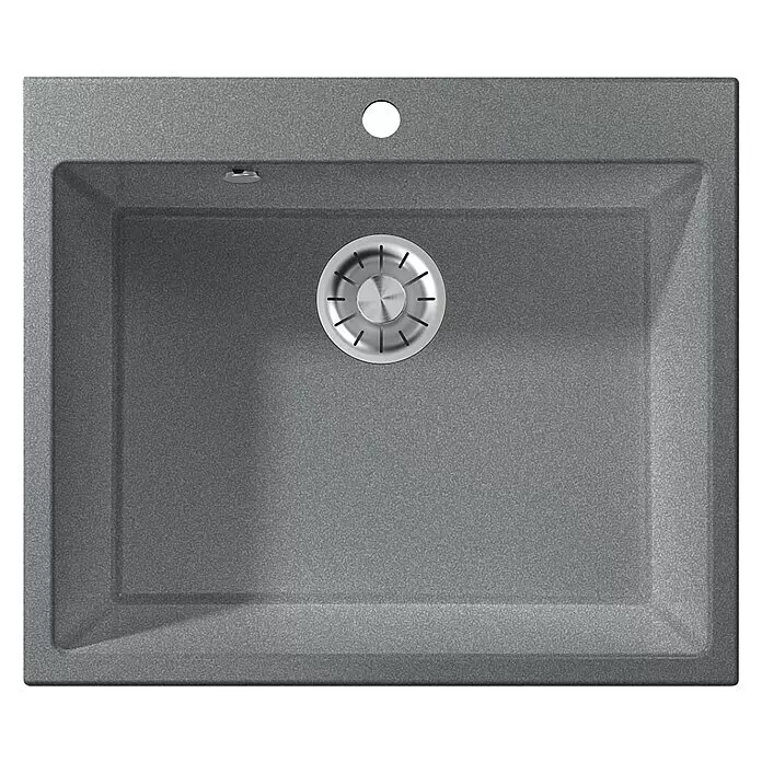 Atron Fregadero encastrable Binary - 50,3 x 59,1 cm, Plata, Mate - Fregadero de cocina rectangular gris de composite con un solo seno, desagüe de acero inoxidable, rebosadero y orificio para grifo.