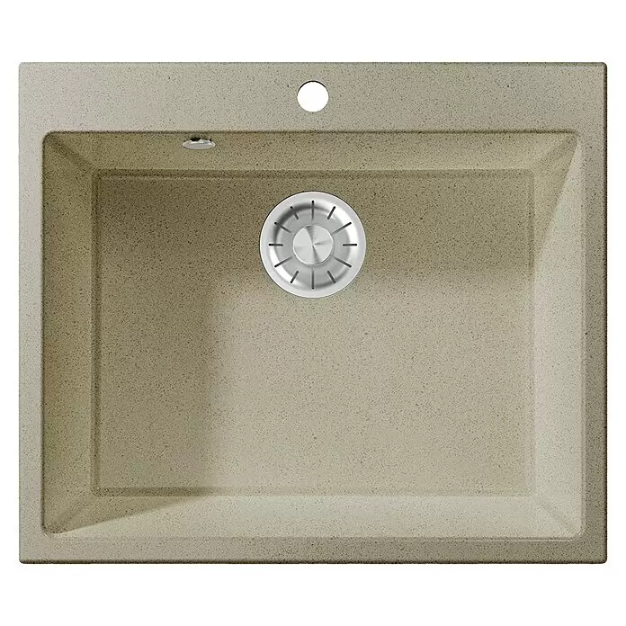 Atron Fregadero encastrable Binary - 50,3 x 59,1 cm, Crema, Mate - Fregadero de cocina beige de granito, un seno, con desagüe metálico y orificio para grifo.