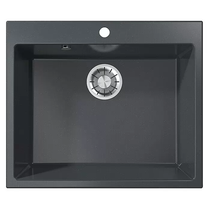 Atron Fregadero encastrable Binary - 50,3 x 59,1 cm, Negro, Mate - Fregadero de cocina gris oscuro de granito con un solo seno, desagüe integrado y orificio para grifo.