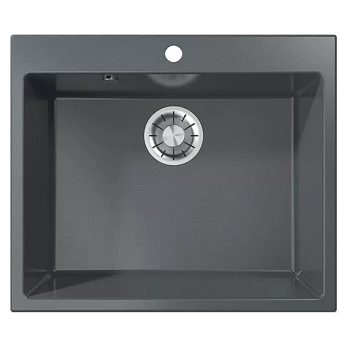 Atron Fregadero encastrable Binary - 50,3 x 59,1 cm, Negro, Brillante - Fregadero de granito gris oscuro con desagüe y rebosadero de acero inoxidable.