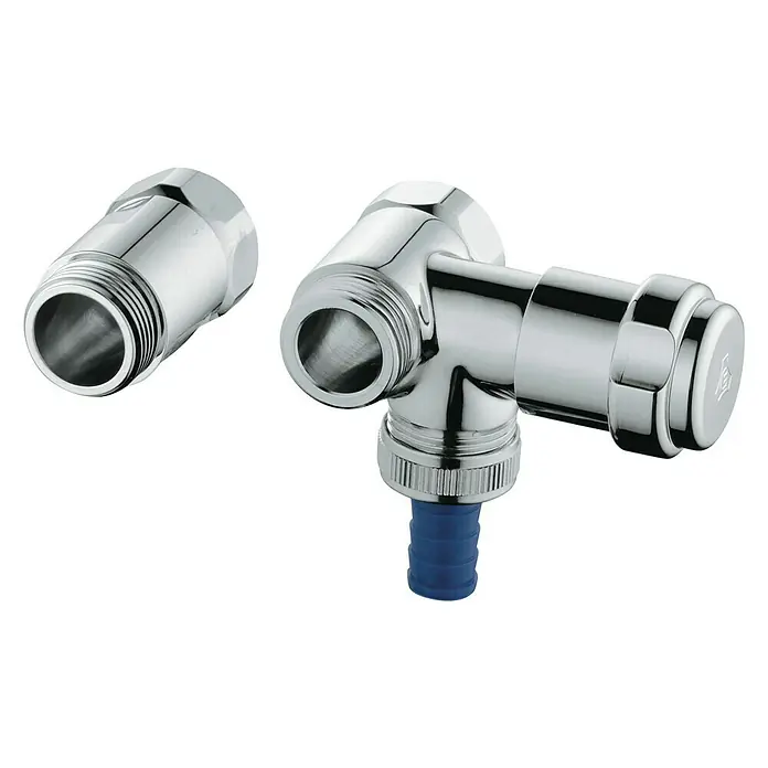 Grohe Geräteanschlussventil WAS - ½″, Messing, Batterie rechts - Detailaufnahme eines glänzenden Chrom-Eckventils mit blauem Anschluss und dazugehörigem Adapterstück.