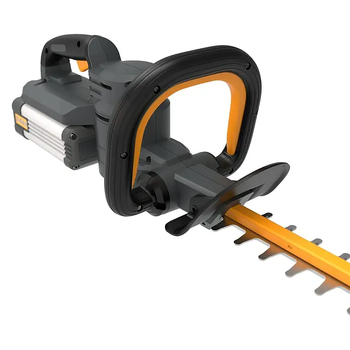 Worx ENVIRO Akku-Heckenschere EG261.9 - 60 V, Ohne Akku - Abbildung einer Akku-Heckenschere mit grauen und orangefarbenen Elementen vor einem schwarzen Hintergrund.
