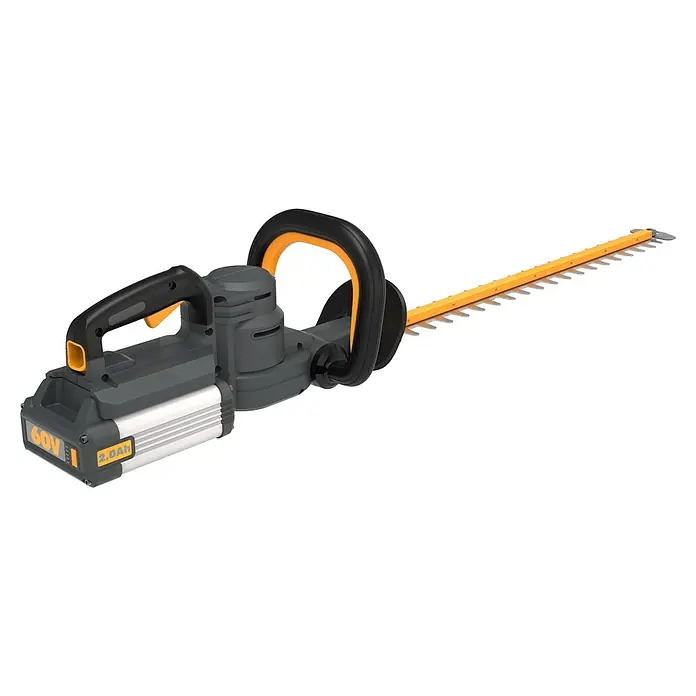 Worx ENVIRO Akku-Heckenschere EG261.9 - 60 V, Ohne Akku - Bild einer Akku-Heckenschere mit gelben Klingen und schwarzem Griff.