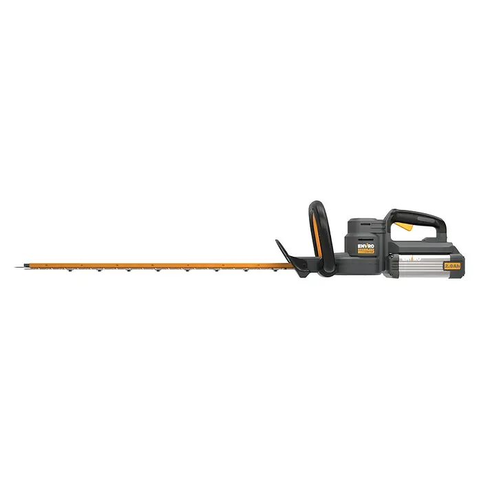 Worx ENVIRO Akku-Heckenschere EG261.9 - 60 V, Ohne Akku - Abbildung einer akkubetriebenen Heckenschere von Enviro. Dieses Werkzeug ist ideal für die Gartenarbeit und das Trimmen von Hecken.