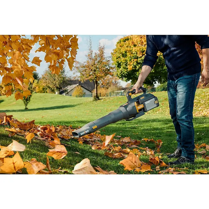 Worx ENVIRO Akku-Laubbläser EG560.9 - 60 V, Ohne Akku, Blasgeschwindigkeit: 200 km/h, Blasleistung: 1.000 m³/h - Ein Mann benutzt einen ENVIRO Laubbläser, um im Herbst Blätter auf einem grünen Rasen zu entfernen. Der Laubbläser ist grau mit gelben Akzenten.