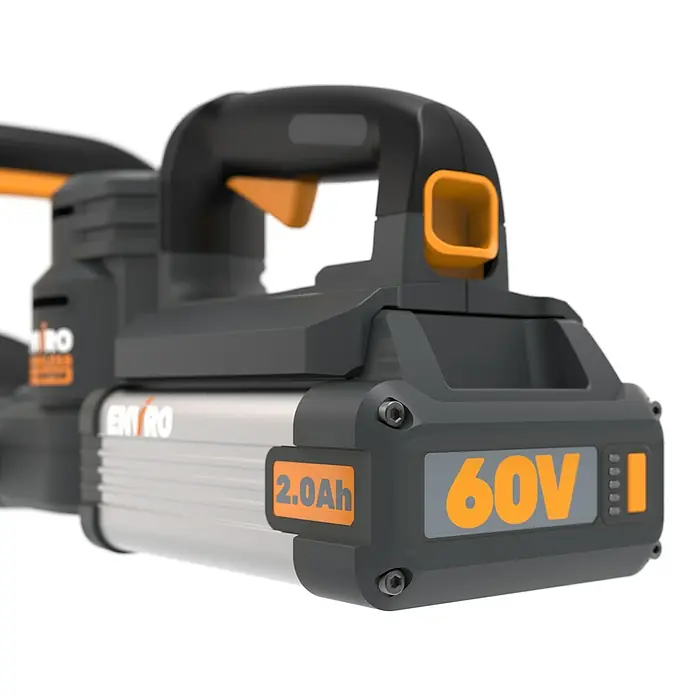 Worx ENVIRO Akku-Heckenschere EG261.9 - 60 V, Ohne Akku - Nahaufnahme eines Worx Enviro 60V 2.0Ah Akkus, ideal für Gartengeräte, mit Anzeige des Ladezustands.