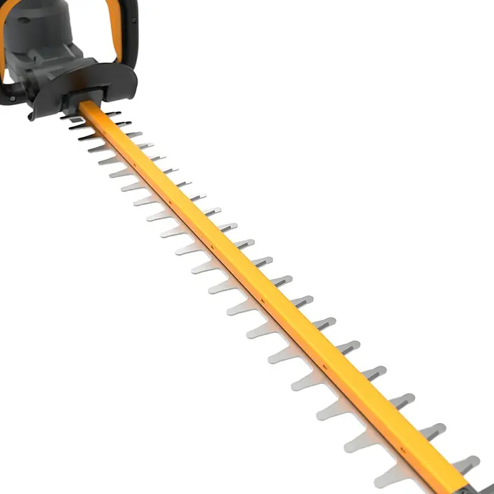 Worx ENVIRO Akku-Heckenschere EG261.9 - 60 V, Ohne Akku - Detailaufnahme einer Heckenschere mit gelbem Schneideblatt und schwarzem Griff, ideal für Gartenarbeiten.