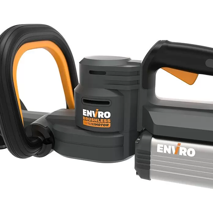 Worx ENVIRO Akku-Heckenschere EG261.9 - 60 V, 2 Ah, 1 Akku - Dunkelgraue und orangefarbene ENVIRO Heckenschere mit Griff, Motor und Akkufächern.