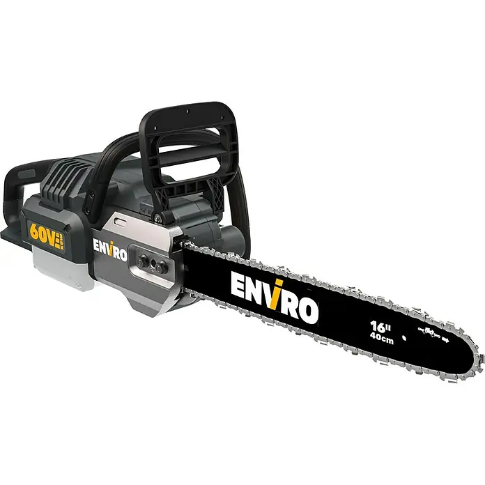 Worx ENVIRO Akku-Kettensäge EG361.9 - 60 V, 2 Ah, Ohne Akku, Schwertlänge: 40 cm - Nahaufnahme einer grauen Enviro-Kettensäge mit 60 V und 40 cm Schwertlänge, ideal für Baumschnitt.