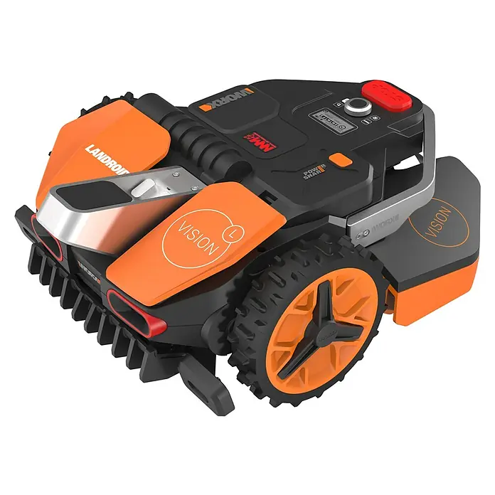 Worx PowerShare 20V Mähroboter Landroid Vision L1300 - 1.300 m², Schnittbreite: 22 cm, Kamera-gestützte Navigation - Das Bild zeigt den WORX Landroid Vision Mähroboter, ein autonomes Gartengerät mit orangefarbenen Akzenten und dem Schriftzug "Vision".