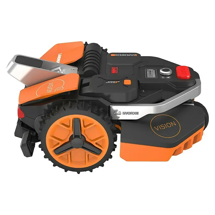 Worx PowerShare 20V Mähroboter Landroid Vision L1300 - 1.300 m², Schnittbreite: 22 cm, Kamera-gestützte Navigation - Nahaufnahme eines WORX Vision Mähroboters, der fortschrittliche Technologie und innovatives Design für die Rasenpflege vereint.