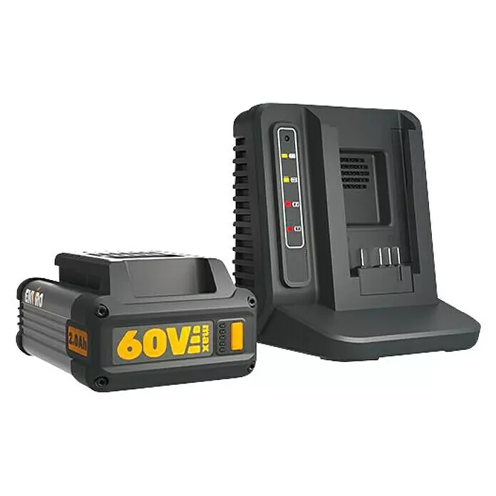 Worx Akku & Ladegerät 60V STARTER SET 2 Ah EP3101 ENVIRO - 60 V, 1 Akku, 2 Ah - Schwarz-gelber 60V Akku für Elektrowerkzeuge neben einer schwarzen Ladestation mit Anzeigeleuchten.