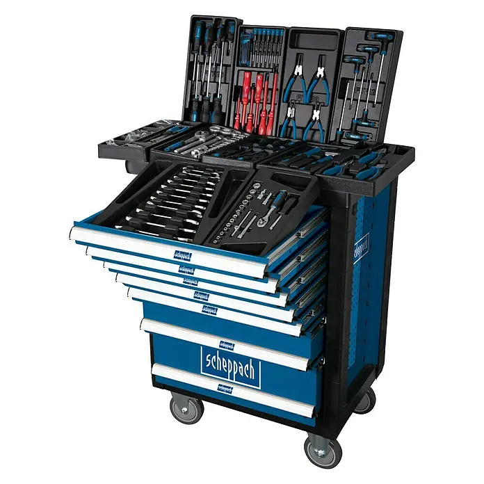 Scheppach Werkstattwagen TW 1000 - L x B x H: 77 x 46 x 97 cm, Stahl, 263 -tlg. - Ein umfassender Werkzeugwagen von Scheppach, voll ausgestattet mit einer Vielzahl von Werkzeugen für jede Aufgabe. Perfekt für Profis.