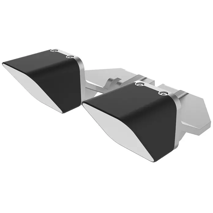 Worx Landroid Módulo de luz para robot cortacésped WA0711 - Cortacésped robótico Landroid Vision - Primer plano de dos disipadores de calor plateados y negros mecanizados CNC con tornillos, colocados sobre una superficie transparente.
