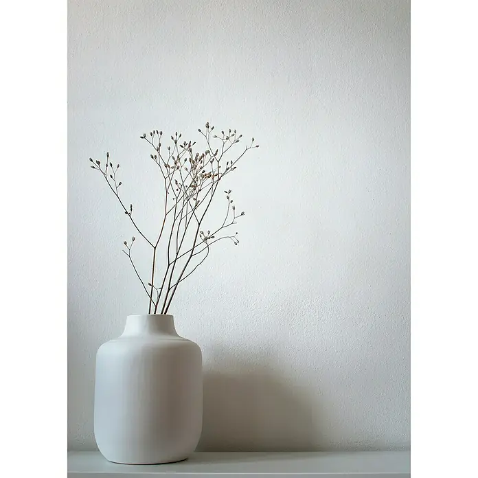 Fleur Pintura para efectos decorativos Interior Matt Paint - Istanbul, 375 ml - Elegante primer plano de un jarrón blanco minimalista con delicadas ramas secas sobre un fondo blanco sencillo.