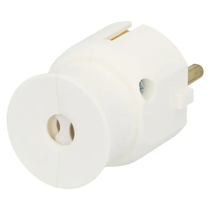 Legrand Schutzkontaktstecker - Weiß, Kunststoff - Nahaufnahme eines weißen Stromsteckers mit rundem Eingang und Stiftanschluss. Perfekt für Elektrogeräte im Innenbereich.