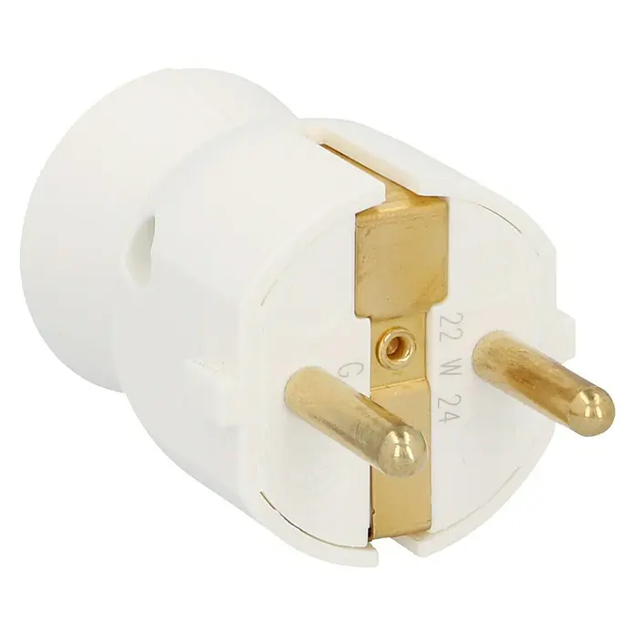 Legrand Schutzkontaktstecker - Weiß, Kunststoff - Nahaufnahme eines weißen Schutzkontakt-Adapters mit zwei Stiften, der für den Einsatz in Steckdosen geeignet ist.