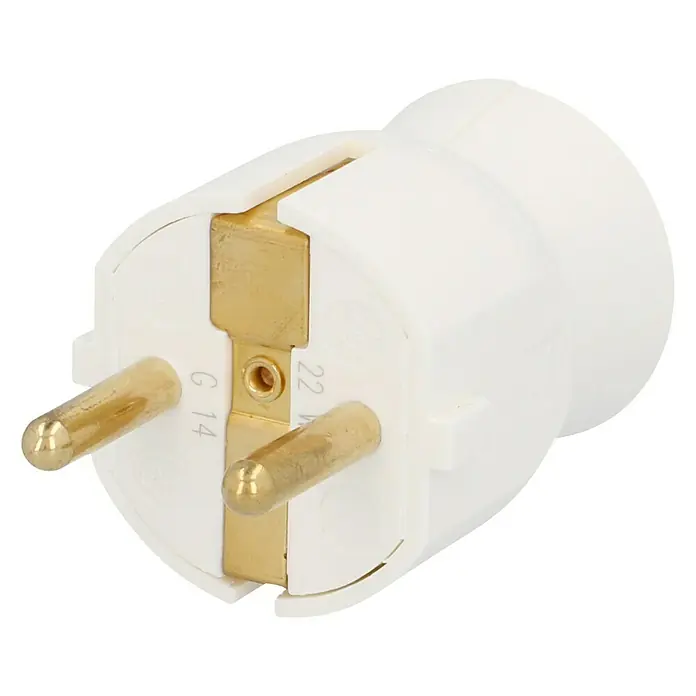 Legrand Schutzkontaktstecker - Weiß, Kunststoff - Nahaufnahme eines Eurosteckers in Weiß, der für europäische Steckdosen geeignet ist und eine sichere Stromverbindung gewährleistet.