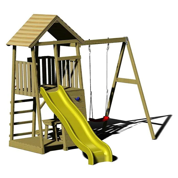 Wendi Toys Kinderspielturm Pelikan - Natur/Gelb - Ein farbenfrohes Spielhaus mit Rutsche und Schaukel für endlosen Spaß im Freien.