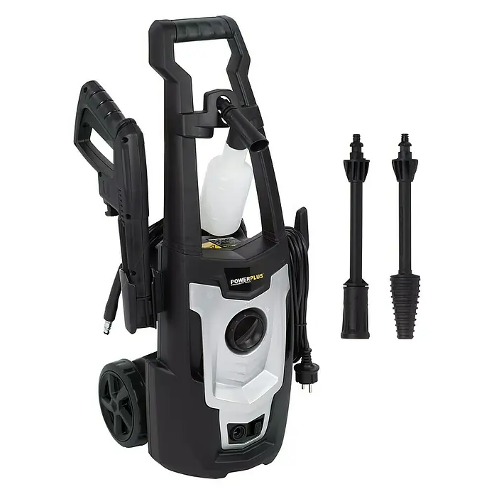 PowerPlus Hidrolimpiadora de alta presión POWXG90405 - 110 bar, 1.400 W, Capacidad de bombeo: 390 l/h - Imagen de una hidrolimpiadora Powerplus con accesorios, ideal para tareas de limpieza exterior.