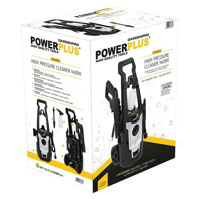 PowerPlus Hidrolimpiadora de alta presión POWXG90405 - 110 bar, 1.400 W, Capacidad de bombeo: 390 l/h - Embalaje de una hidrolimpiadora Powerplus de alta presión con 1400W de potencia. El dispositivo incluye diferentes boquillas y un bote de jabón.