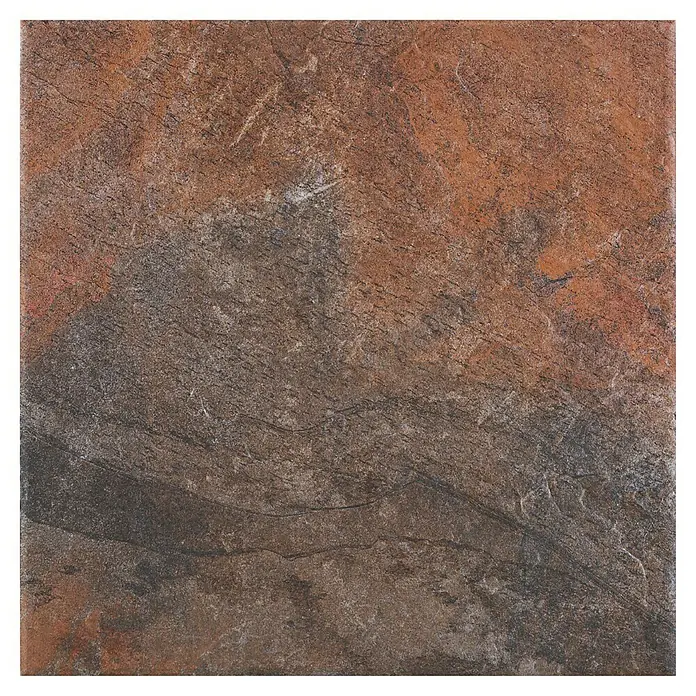 Pavimento porcelánico Vulcan - 60,8 x 60,8 cm, Magma, Mate - Primer plano de una baldosa cuadrada con textura en tonos rojos y marrones, ideal para suelos y paredes.