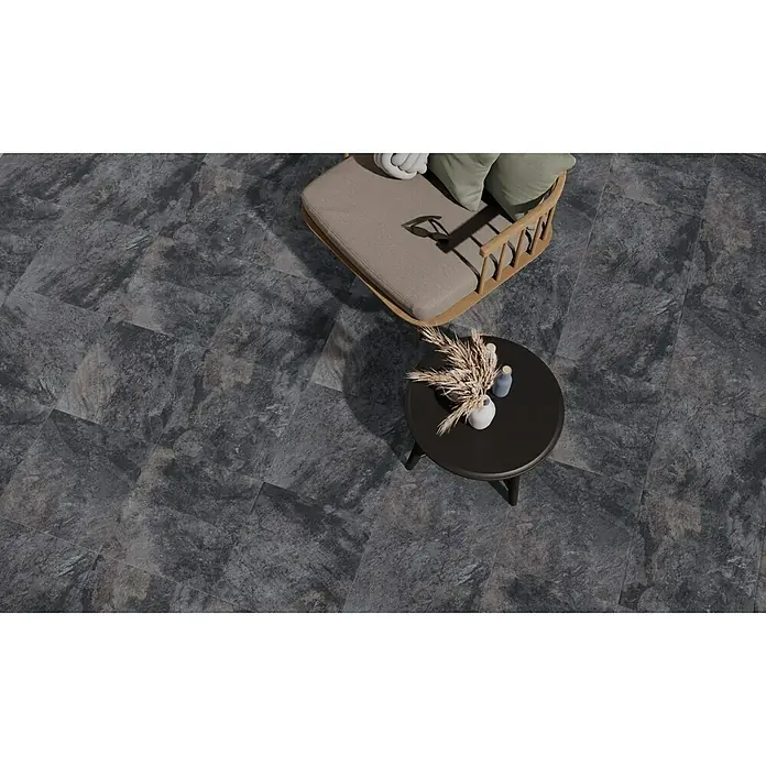 Pavimento porcelánico Vulcan - 60,8 x 60,8 cm, Grafito, Mate - Esta imagen muestra elegantes baldosas de gres oscuro, perfectas para interiores y exteriores modernos, que aúnan durabilidad y estética.
