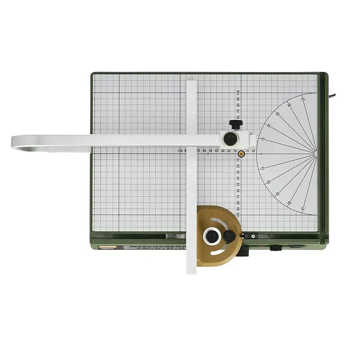Proxxon Micromot Heißdraht-Schneidegerät Thermocut 230/E - 1 x Heißdraht-Schneidegerät Thermocut 230/E, 1 x Sattel und Drahtspule (30 m Schneidedraht Ø 0,2 mm) - Ein Overhead-Projektor mit einer transparenten Arbeitsfläche und einer drehbaren Armhalterung für präzises Zeichnen und Konstruieren.