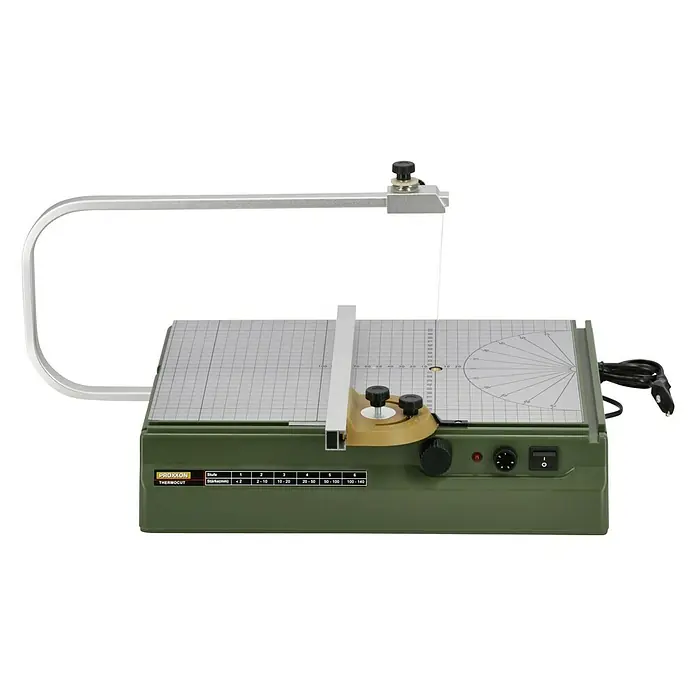 Proxxon Micromot Heißdraht-Schneidegerät Thermocut 230/E - 1 x Heißdraht-Schneidegerät Thermocut 230/E, 1 x Sattel und Drahtspule (30 m Schneidedraht Ø 0,2 mm) - Proxxon Thermocut 12/E Heißdrahtschneider zum präzisen Schneiden von Styropor und Hartschaum mit verstellbarer Schneidetemperatur.