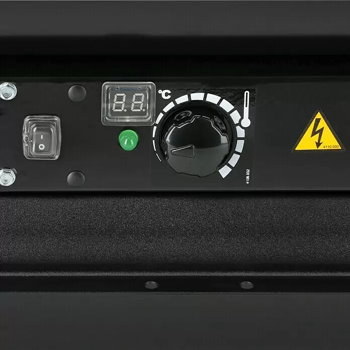 Herkules Calefactor diésel - 10 kW, Consumo de combustible: 0,5 kg/h - Panel de control negro con interruptor de encendido, pantalla digital de °C, luz verde, perilla de temperatura y símbolo de advertencia de alto voltaje.