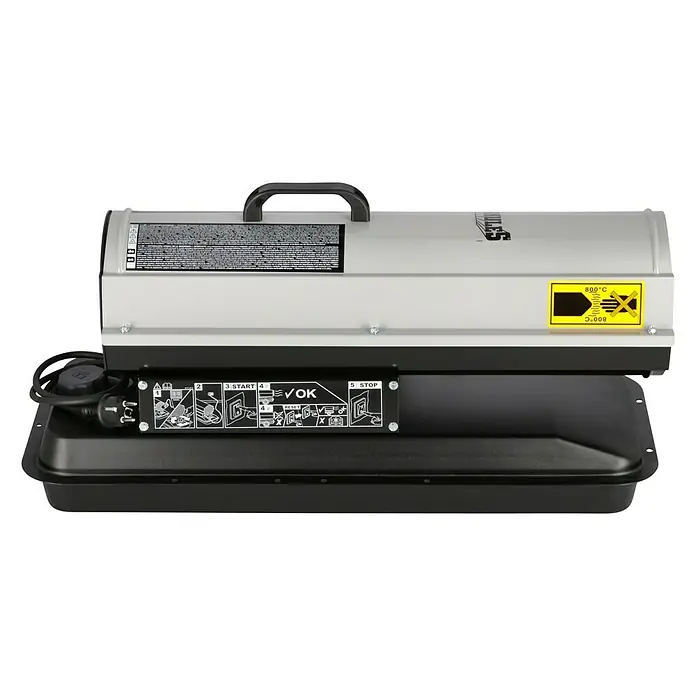 Herkules Calefactor diésel - 10 kW, Consumo de combustible: 0,5 kg/h - En la imagen se ve un calentador de espacio. El aparato es plateado y negro y tiene un asa para facilitar su transporte.
