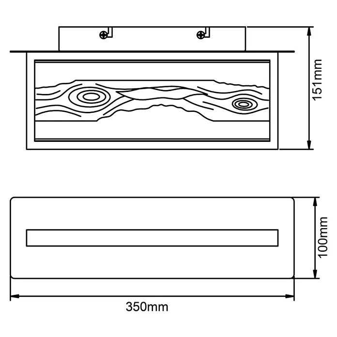 Brilliant LED-Wandleuchte Chaumont - 9,5 W, L x B x H: 10 x 35 x 15,1 cm, Schwarz, Warmweiß - Schemazeichnung eines Elektrokamins mit den Maßen 350mm Breite und 151mm Höhe. Die Tiefe beträgt 100mm.