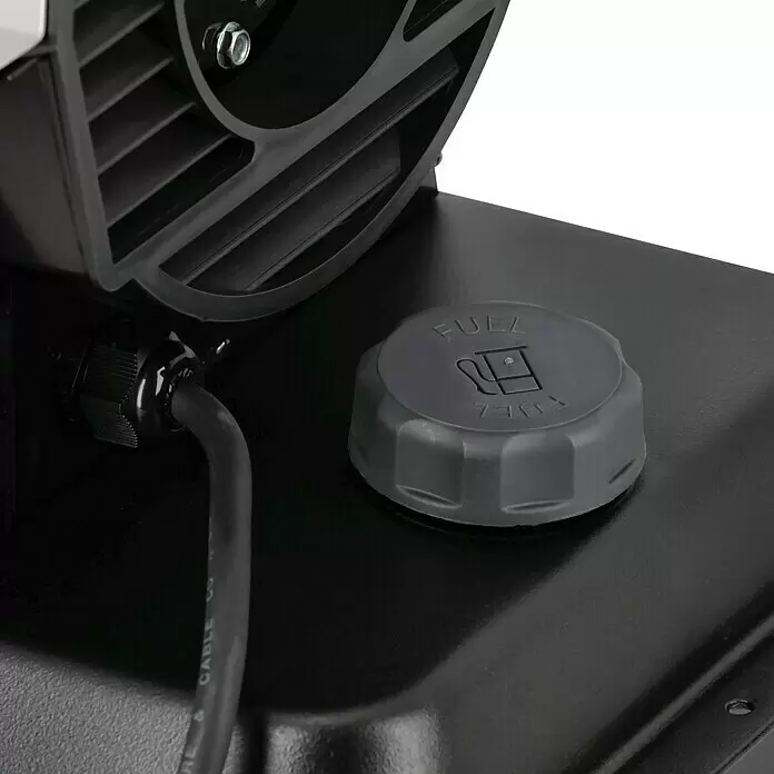 Herkules Calefactor diésel - 10 kW, Consumo de combustible: 0,5 kg/h - Tapa de combustible gris oscuro con "FUEL" y icono de bomba, sobre superficie negra de máquina con cable y rejilla de ventilador.