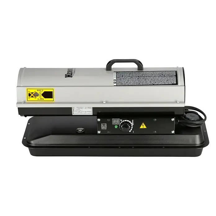 Herkules Calefactor diésel - 10 kW, Consumo de combustible: 0,5 kg/h - Vista del producto del calentador Herkules con controles y advertencias para un funcionamiento seguro.