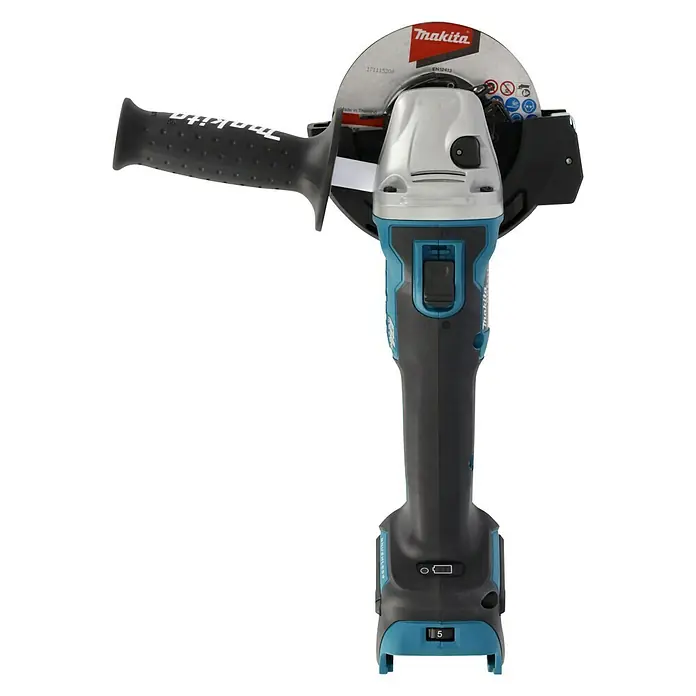 Makita LXT 18V Akku-Winkelschleifer DGA511Z - Ohne Akku, Durchmesser Scheibe: 125 mm - Nahaufnahme eines Makita Akku-Winkelschleifers mit Seitengriff und Trennscheibe. Das Gerät ist blau/schwarz und silber.