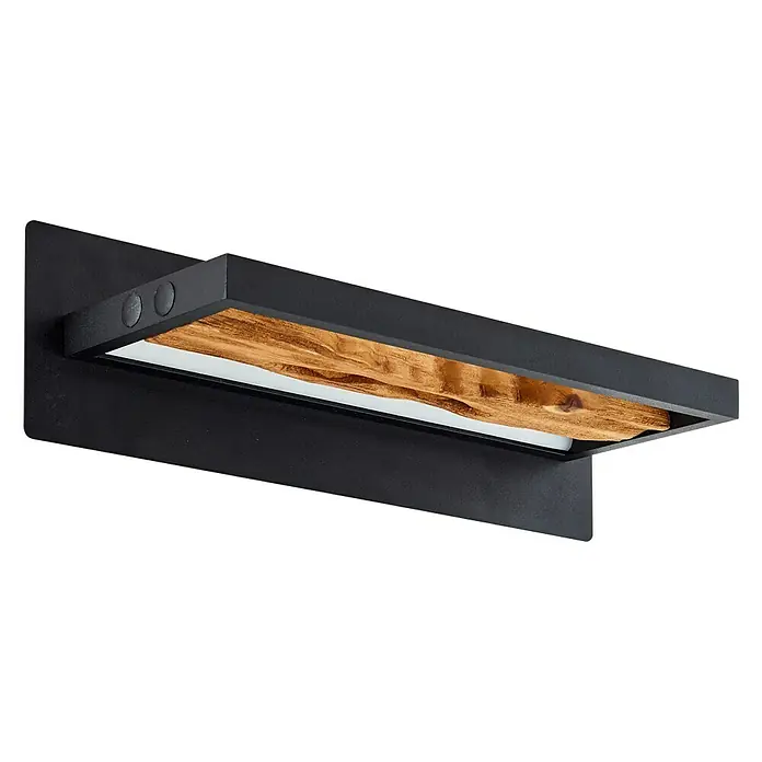 Brilliant LED-Wandleuchte Chaumont - 9,5 W, L x B x H: 10 x 35 x 15,1 cm, Schwarz, Warmweiß - Eine moderne Wandleuchte mit Holzdetail und schwarzem Rahmen, ideal für stilvolle Innenräume.