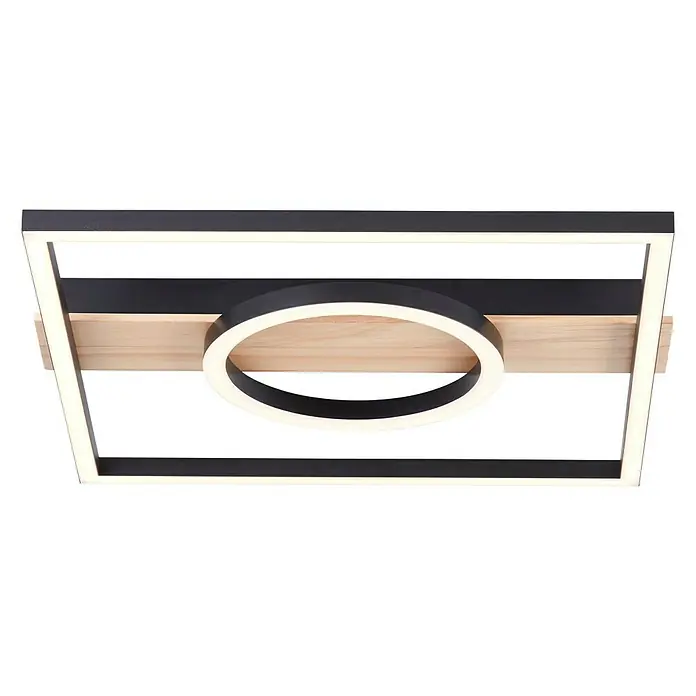 Brilliant LED-Deckenleuchte Maureen - 24 W, L x B x H: 40 x 42 x 5,5 cm, Schwarz/Holz, Warmweiß - Moderne Deckenleuchte mit rechteckigem Rahmen und rundem Element, stilvolles Design für eine angenehme Beleuchtung.
