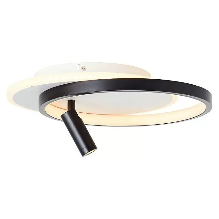 Brilliant LED-Deckenleuchte Eunomia - 24 W, L x B x H: 35 x 29,5 x 14 cm, Weiß, Warmweiß - Moderne Deckenleuchte mit weißen und schwarzen Ringen und einem verstellbaren schwarzen Strahler, die warmweißes Licht ausstrahlt.
