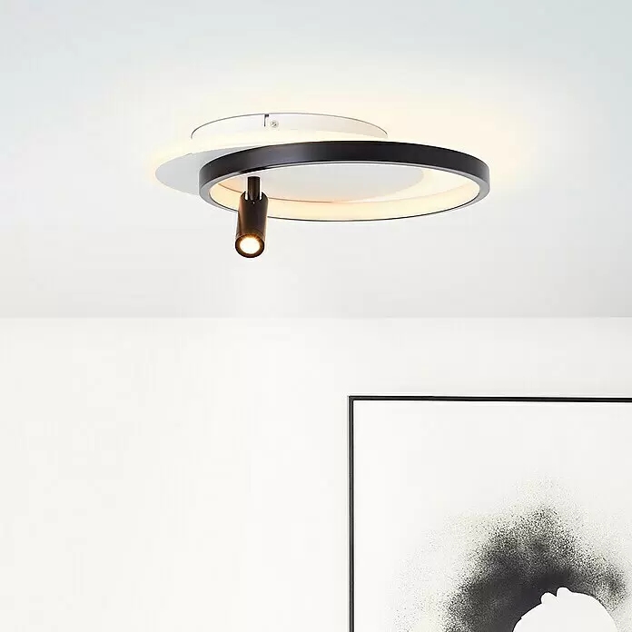 Brilliant LED-Deckenleuchte Eunomia - 24 W, L x B x H: 35 x 29,5 x 14 cm, Weiß, Warmweiß - Moderne Deckenleuchte mit überlappenden weißen und schwarzen Ringen sowie einem schwarzen Strahler.