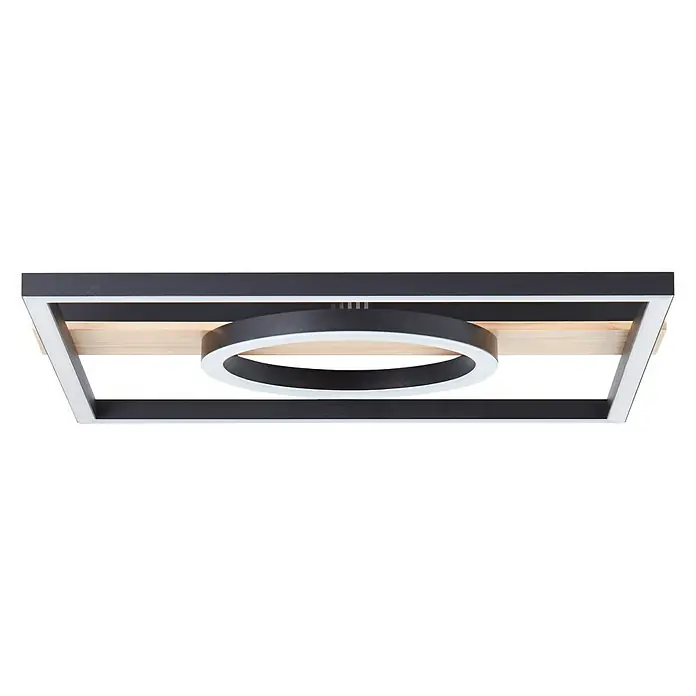Brilliant LED-Deckenleuchte Maureen - 24 W, L x B x H: 40 x 42 x 5,5 cm, Schwarz/Holz, Warmweiß - Moderne Deckenleuchte mit rechteckigem Rahmen und rundem LED-Licht, ideal für stilvolle Innenräume. Elegantes Design mit Holzdetails.