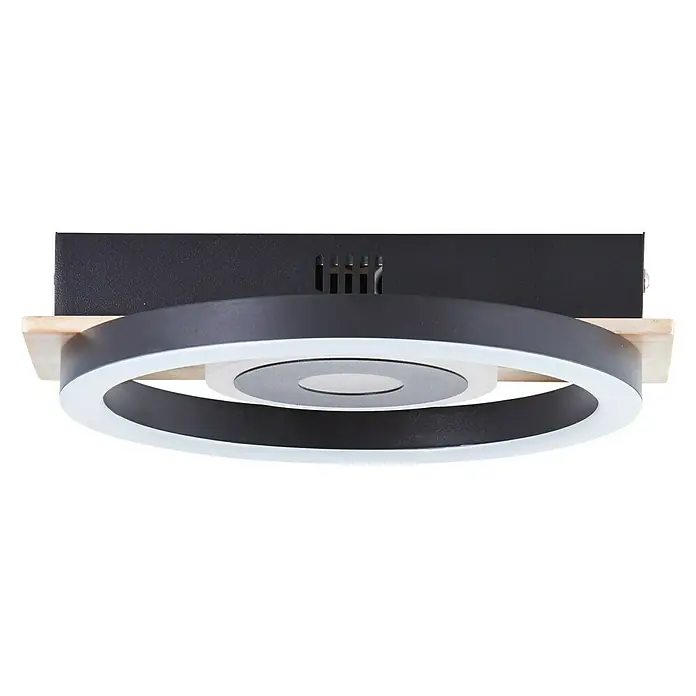 Brilliant LED-Deckenleuchte Maureen - 12 W, L x B x H: 20 x 22 x 5,5 cm, Schwarz/Holz, Warmweiß - Diese Nahaufnahme zeigt eine moderne LED-Deckenleuchte mit kreisförmigem Design, montiert auf einer Holzbasis vor einem schwarzen Hintergrund.
