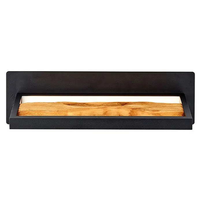 Brilliant LED-Wandleuchte Chaumont - 9,5 W, L x B x H: 10 x 35 x 15,1 cm, Schwarz, Warmweiß - Dekorative Wandleuchte mit einem Holzstück im Inneren, umgeben von einem schwarzen Rahmen und sanftem Licht.