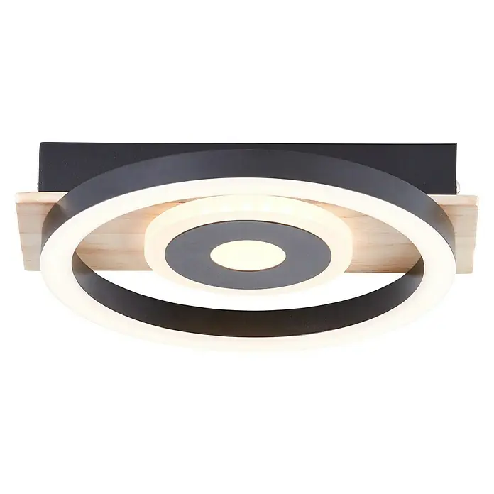 Brilliant LED-Deckenleuchte Maureen - 12 W, L x B x H: 20 x 22 x 5,5 cm, Schwarz/Holz, Warmweiß - Moderne LED-Deckenleuchte mit kreisförmigem Design und Holzdetails, ideal für stilvolle Innenräume. Die Lampe bietet helles, warmes Licht.