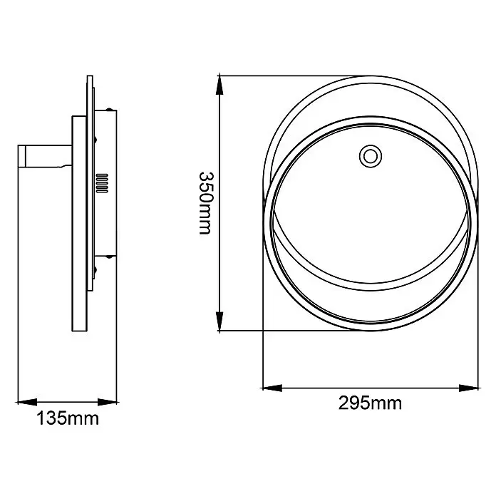 Brilliant LED-Deckenleuchte Eunomia - 24 W, L x B x H: 35 x 29,5 x 14 cm, Weiß, Warmweiß - Technische Zeichnung eines runden Wandduschkopfs mit Abmessungen.