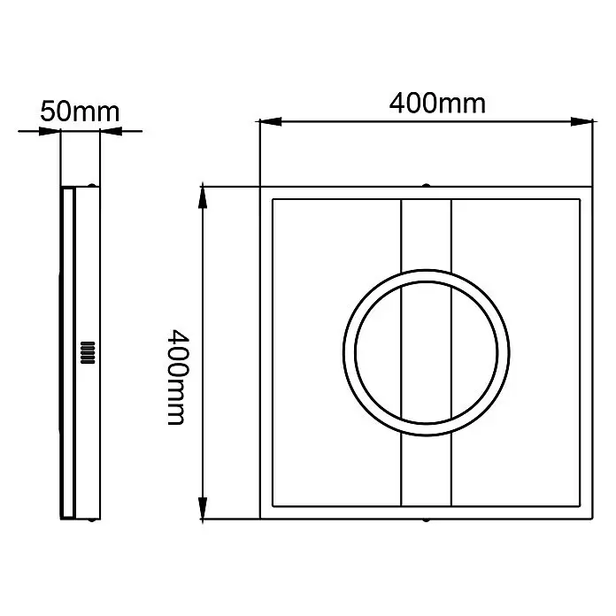 Brilliant LED-Deckenleuchte Maureen - 24 W, L x B x H: 5 x 40 x 40 cm, Schwarz, Warmweiß - Technische Zeichnung eines quadratischen Artikels, 400x400x50mm, mit kreisförmigem Design.