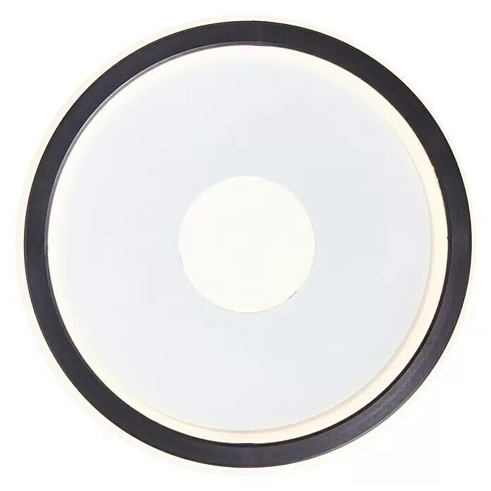 Brilliant LED-Deckenleuchte rund Vegas - 24 W, Durchmesser: 30,8 cm, Weiß, Warmweiß - Flache runde LED-Leuchte mit schwarzem Rahmen, einem weißen Leuchtring und einem hellweißen Zentrum.