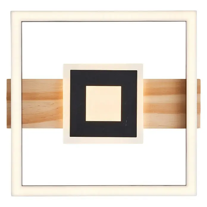 Brilliant LED-Deckenleuchte Baldo - 24 W, L x B x H: 27,5 x 29,5 x 5,5 cm, Schwarz, Warmweiß - Nahaufnahme einer quadratischen LED-Wandleuchte mit Holzdetails, die ein warmes, modernes Ambiente ausstrahlt.