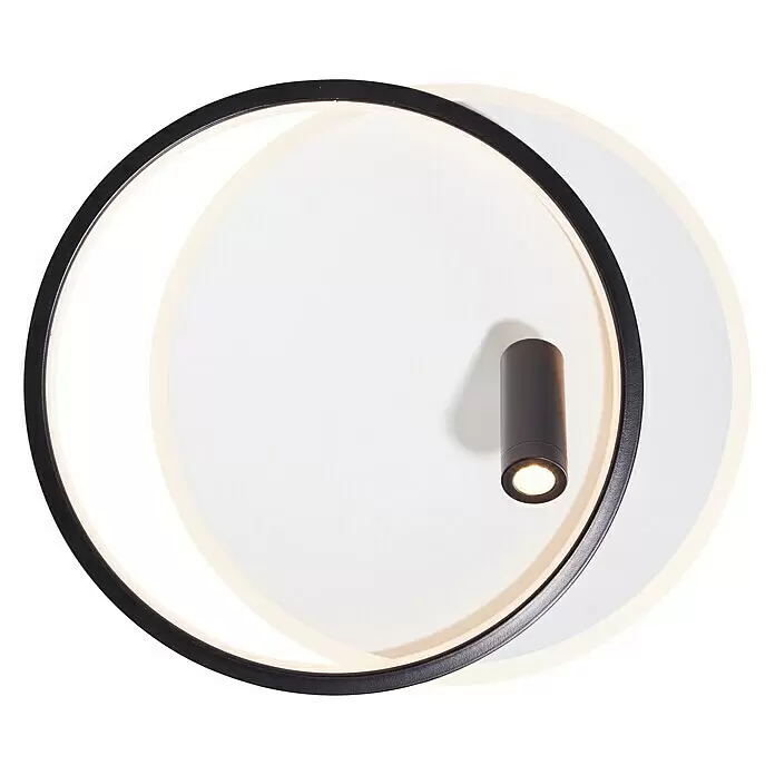 Brilliant LED-Deckenleuchte Eunomia - 24 W, L x B x H: 35 x 29,5 x 14 cm, Weiß, Warmweiß - Schwarze kreisförmige Leuchte mit integriertem Licht und zusätzlichem schwarzem zylindrischem Strahler.