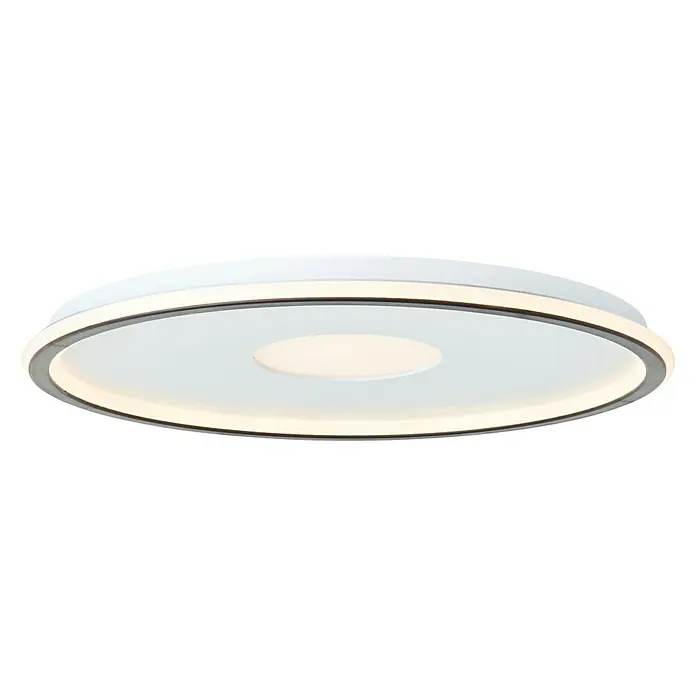 Brilliant LED-Deckenleuchte rund Vegas - 44 W, Durchmesser: 50,8 cm, Weiß, Mehrfarbig - Nahaufnahme einer runden LED-Deckenleuchte mit weißem Diffusor und einem schlanken, dunklen Rand, die ein modernes Design auf schwarzem Hintergrund zeigt.