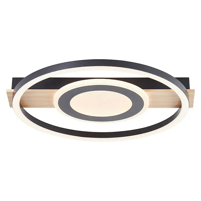 Brilliant LED-Deckenleuchte Maureen - 22 W, L x B x H: 37 x 39 x 5,5 cm, Schwarz/Holz, Warmweiß - Moderne LED-Deckenleuchte mit zwei Ringen und einem Holz-Akzent für stilvolle Beleuchtung im Raum.